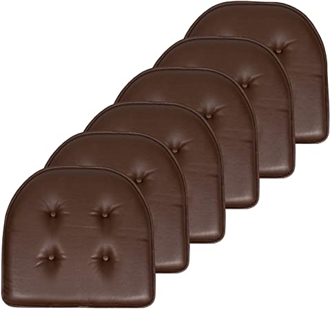 Sweet Home Collection Chair Cushion Memory Foam Pads Upholstered Non Skid Rubber Back U-Shaped 17" x 16" Seat Cover, 6 Pack, Faux Leather Chocolate Brown