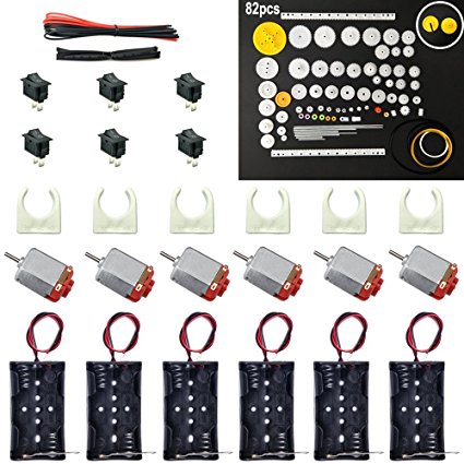 6 Set DC Motor Kit, Rectangular Mini Electric Motor 1.5-3V 24000RPM with 82 Pcs Plastic Gears,Electronic wire, 2 x AA Battery Holder ,Motor Mounting Bracket,Boat Rocker Switch for DIY Science Projects