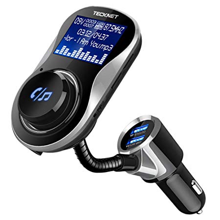 FM Transmitter Bluetooth,TeckNet Car MP3 Player Bluetooth Handsfree Car Kit Wireless Radio Audio Adapter with Dual USB Charger 5V 3.4A, 1.44 Inch LCD Screen, 3.5mm AUX, TF Card Slot, USB Flash Drive Port For iPhone, iPad, iPod, HTC, MP3, MP4 and Most Devices