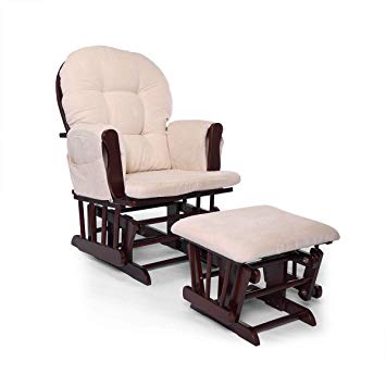 JAXPETY Bow Back Glider and Ottoman with Beige Cushions Beech Wood Rocking Nursing Chair Relax Chair Set