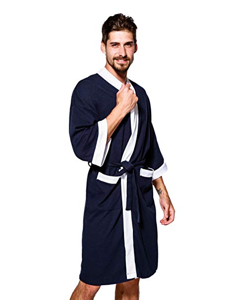 JEAREY Men's Kimono Robe Cotton Waffle Spa Bathrobe Lightweight Soft Knee Length Sleepwear with Pockets