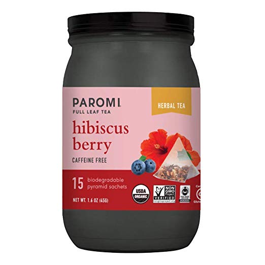 Paromi Tea Organic Hibiscus Berry Caffeine-Free Herbal Tea, 15 Pyramid Tea Bags - Non-GMO