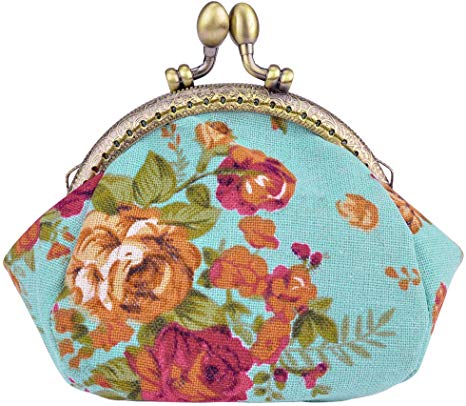 Oyachic Coin Pouch Canvas Card Purse Clasp Closure Classic Rose Pattern Keys Wallet Gift Round