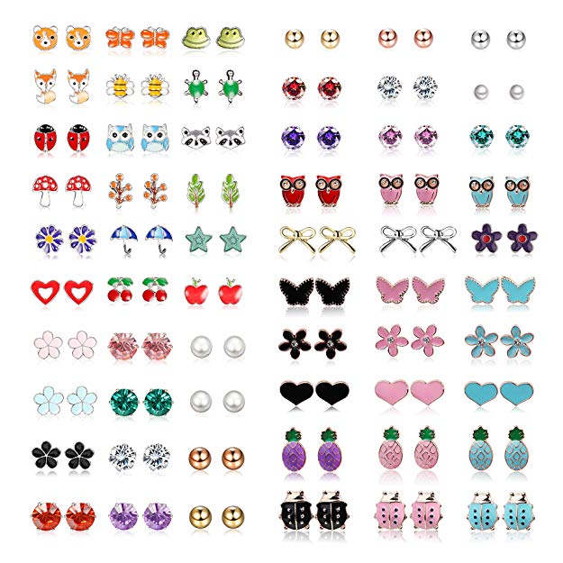 Yadoca Stainless Steel 30-60 Pairs Stud Earrings for Girls Women Mixed Color Cute Animals CZ Jewelry Earring Set Heart Star Fox Bee Frog Ladybug Daisy Flower Tree Mushroom Umbrella Rose Gold White