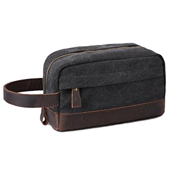 S-ZONE Vintage Leather Trim Canvas Toiletry Bag Shaving Dopp Case Cosmetic Makeup Bag (Dark gray)