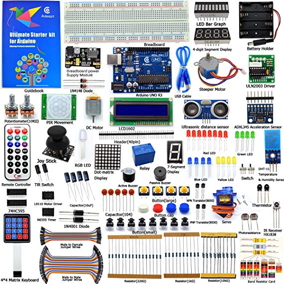 Adeept Ultimate Starter Kit for Arduino UNO R3, LCD1602, Servo Motor, Relay, Processing and C Code, Beginner Starter Kit with 140 Pages Guidebook/Instructions Book