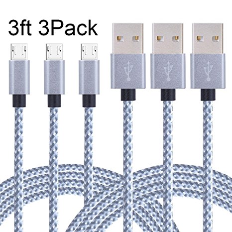 Cordking Micro USB Cable,3Pack 3FT Nylon Braided High Speed 2.0 USB to Micro USB Charging Cables Android Fast Charger Cord for Samsung Galaxy S7 Edge/S6/S5/S4,Note 5/4,HTC,LG,Tablet (Gray White)