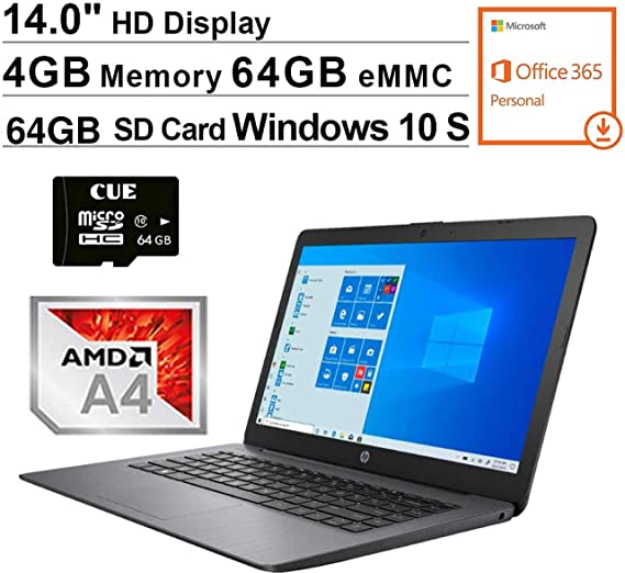 2020 Newest HP Stream 14 Inch Laptop, AMD A4-9120e up to 2.5 GHz, 4GB RAM, 64GB eMMC, Windows 10 , Black   CUE 64GB MicroSD Card Bundle