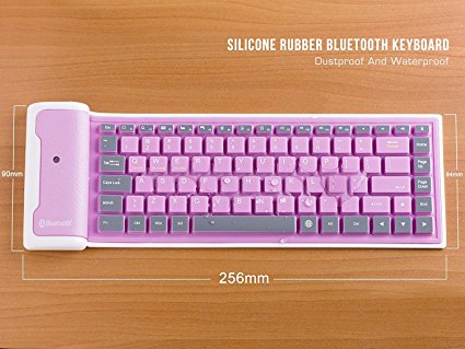 LinDon-Tech Pink Bluetooth Keyboard Super Mini Keyboard Portable Flexible Wireless Washable Silicone Roll-up Bluetooth Keyboard for Tablet, Smartphone, Laptop (pink)