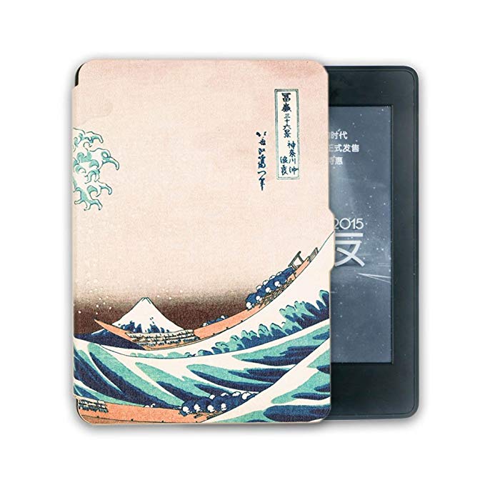 Kandouren Case Cover for Kindle Voyage - Great Wave Art Skin,Lighted Slim Leather Cover with  Autoweek function,white color