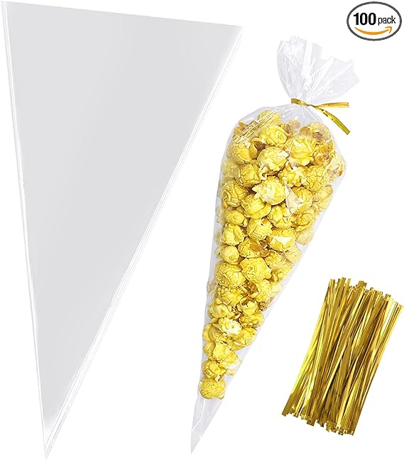 Cone Shaped Treat Bags, 7x15 Inches Clear Cone Shaped Cellophane Treat Bags, Cone Triangle Plastic Bags for Treats, Popcorn Favor, Candy,100Pieces