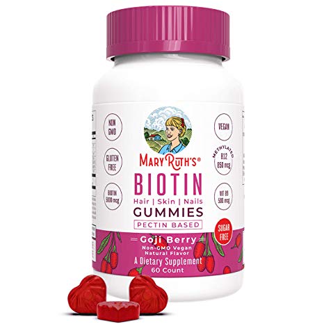 Vegan Biotin Gummy Vitamins 5000 mcg for Hair, Skin & Nails by MaryRuth- Vitamin B9, Methyl B12 & Zinc - Non-GMO - Made w/Organic Ingredients - Goji Berry Flavor - Pectin - Sugar & Gluten Free 60ct