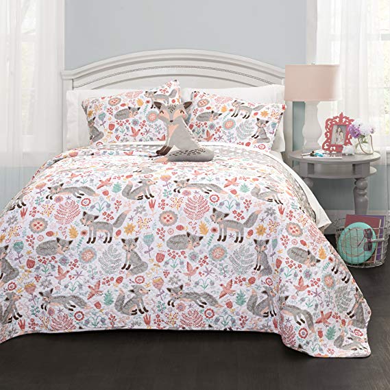 Lush Decor Pixie Fox Quilt Reversible 3 Piece Bedding Set - Gray/Pink - Twin Quilt Set