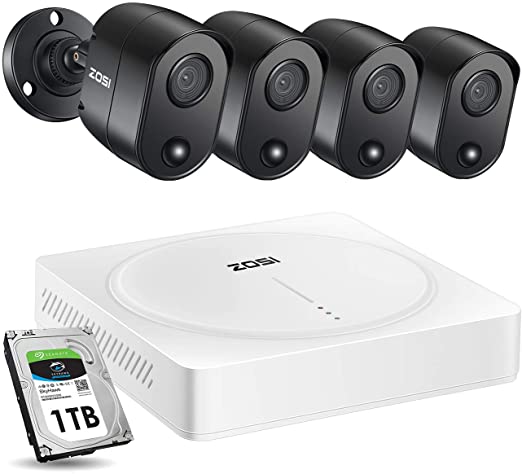 ZOSI 1080p Surveillance Camera System Outdoor with 1TB Hard Drive, H.265  8CH 1080p CCTV DVR Recorder and 4pcs 1080P Weatherproof Super Night Vision Security Cameras with Pir Motion Sensor