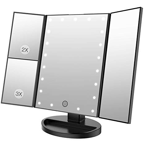 BESTOPE Makeup Vanity Mirror with 3x/2x Magnification,Trifold Mirror with 21 Led Lights,Touch Screen, 180° Adjustable Rotation,Dual Power Supply, Countertop Cosmetic Mirror