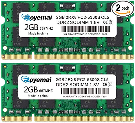 ROYEMAI DDR2 667, PC2-5300, DDR2 RAM, 4GB RAM Kit (2x2GB) DDR2 SODIMM 1.8V CL5 RAM Memory for Laptop