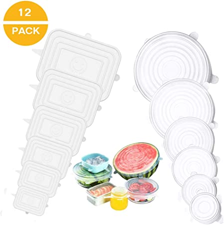 Silicone Stretch Lids, 12 Pc Reusable Silicone Lids, Silicone Bowl Covers, Silicon Covers Food Covers fit Various Sizes and Shape for Containers, BPA Free Keeping Food Fresh