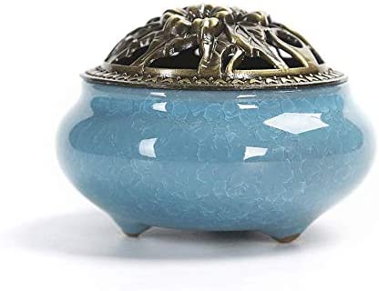 Hansense Incense Stick Coil Cone Burner with Brass Calabash Holder and Fireproof Cotton(Sky Blue)