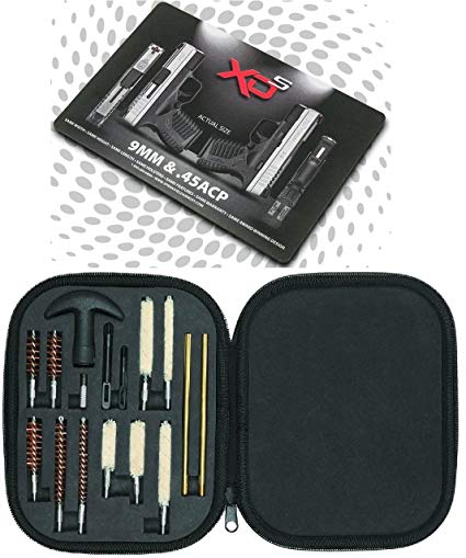 Springfield Armory XD-S Counter Gunsmith & Armorer's Cleaning Work Bench Gun Mat   Ultimate Arms Gear Professional Tactical Cleaning Tube Chamber Barrel Care Supplies Kit Deluxe 17 pc Handgun Pistol Kit Compact Molded Field Carry Case for .22 / .357 / .38 / 9mm / .44 / .45 Caliber Brushes, Swab, Slotted Tips and Patches