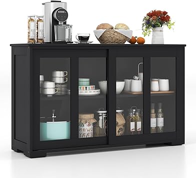 COSTWAY Buffet Sideboard with Storage, 2-Door Floor Cupboard with Sliding Tempered Glass Cabinet & Adjustable Shelf, Stackable Storage Cabinet for Kitchen, Entryway (Black)