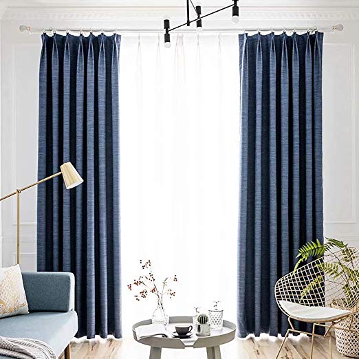 MacoHome Blue Textured Blackout Window Curtains 52 Inch Wide 102 Inch Long Linen Grommet Top Curtain Panel/Drape, 52" x 102" x 1 Panel