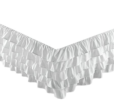 Chezmoi Collection Ella 15" Drop Multi Ruffle Bed Skirt, White, Queen