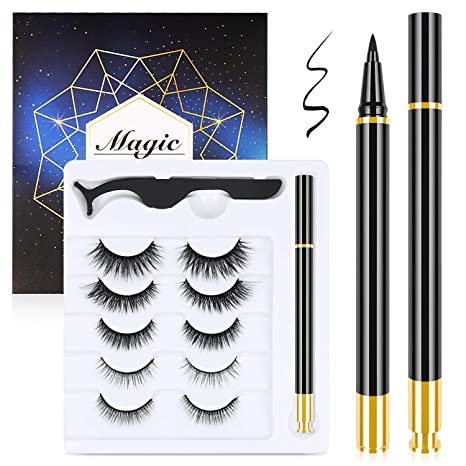 Magnetic Eyelashes and Magnetic Eyeliner Kit, 5 Pairs Reusable Waterproof Natural Look Magnetic Eyelashes with Eyeliner, Upgraded 3D No Glue Hypoallergenic Magnetic lashes Kit With Tweezers Inside