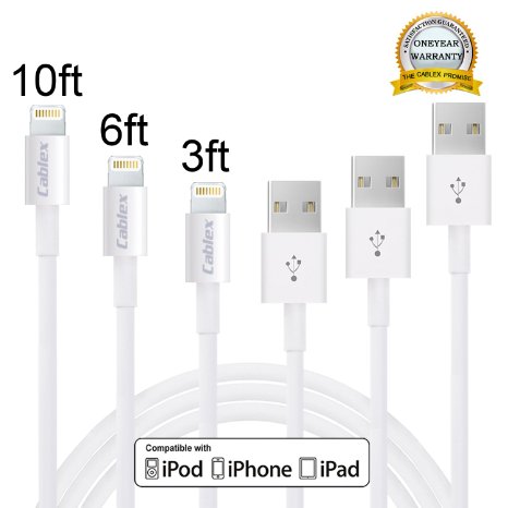 CablexTM3Pack 3FT 6FT 10FT 8 Pin Lightning to USB Charging Cable Cord Syncing and Charging for iPhone 66s6 plus6s plus 5c5s5 iPad AirMini iPod NanoTouch White