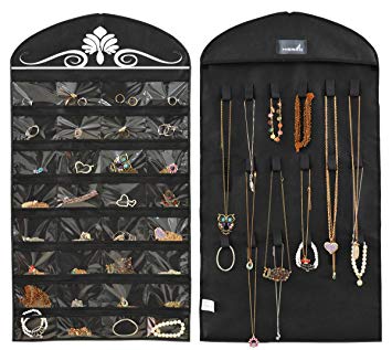 MISSLO Hanging Jewellery Organiser Wardrobe Necklaces Earrings bracelets Accessories Storage Holder 32 Pockets 18 Loops, Black