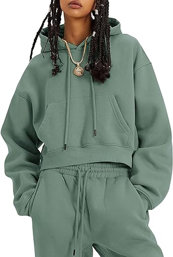 COZYPOIN Womens Fleece 2 Piece Outfits Sweatsuit Crop Top And Pants Hoodie Tracksuit Set