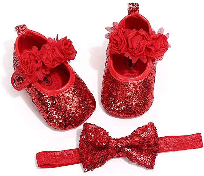 Carolilly Set Baby Girl First Steps Bowknot Baptism Infant Shoes Newborn Princess Anti-Slide Headband Baby Girl