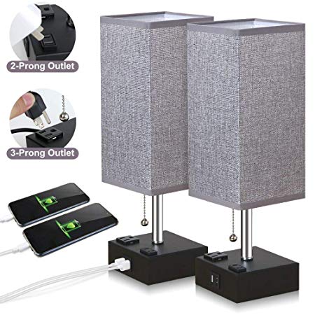 ZEEFO USB Table Lamp, Gray Square Fabric Shade Bedside Table Lamp with Two AC Outlet & Fast Dual USB Charging Ports, Modern Design Desk Lamp Ideal for Bedroom,Office,Guest Room, Kids Room (2 Packs)