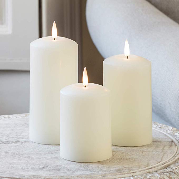 Lights4fun Set of 3 TruGlow™ Battery LED Flameless Pillar Candles with Timer Real Ivory Wax