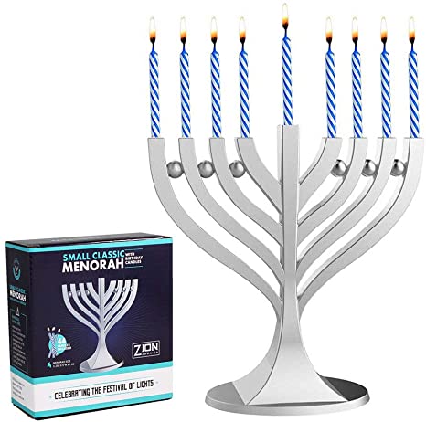 Zion Judaica Menorah Small Classic Satin Silver with 44 Blue White Mini Birthday Candles