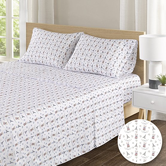 Comfort Spaces -Hypoallergenic Printed French Bulldog Pattern 100% Cotton Sheet Set - 4 Piece - Queen Size - Includes 1 Fitted Sheet, 1 Flat Sheet and 2 Pillow Cases