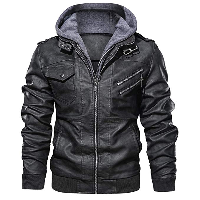 JYG Men's Faux Leather Motorcycle Jacket with Removable Hood