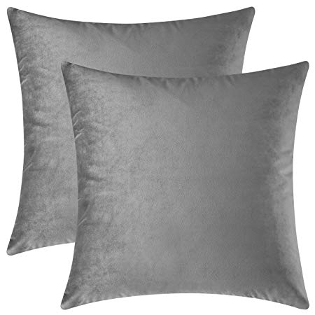 Mixhug Set of 2 Cozy Velvet Square Decorative Throw Pillow Covers for Couch and Bed, Grey, 18 x 18 Inches