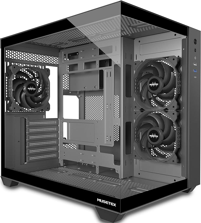 MUSETEX ATX PC Case, 3 x 120mm Fans Pre-Installed, 360MM RAD Support, 270° Full View Tempered Glass Gaming PC Case with Type-C, Mid Tower ATX Computer Case, Black, Y6