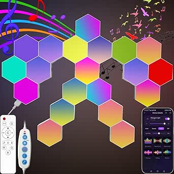 Hexagonal Light LED Wall Plate, Built-in Microphone Intelligent Aesthetic Patchwork Lights with Remote and App Control, 16 Million Colors Modular Light Panels