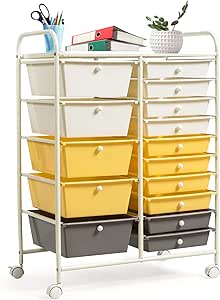 COSTWAY 15 Drawer Rolling Storage Cart, Multipurpose Mobile Storage Organizer w/Removable Drawers & Metal Frame, Utility Tools Paper Organizer on Wheels for Home, Office (Yellow, Beige & Grey)