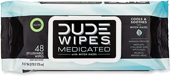 DUDE Wipes Medicated Flushable Wipes, Fragrance Free Wet Wipes with Witch Hazel, Vitamin E & Aloe, 48 Count