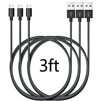 ONSON Micro USB Cable,3Pack 3FT Short Nylon Braided High Speed 2.0 USB to Micro USB Charging Cable Android Charger Cord for Samsung Galaxy S7/S6/S5,Note 5/4/3,HTC,LG,Android Devices(Black White)