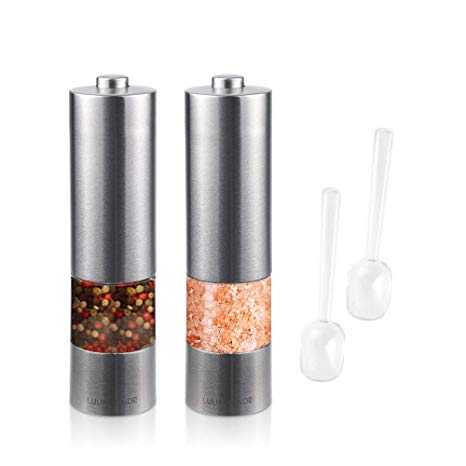 LUUKMONDE Electric Salt and Pepper Grinder Set Dual Spice Stainless Steel Mill Automatic User Friendly Button Adjustable Coarseness LED Light & See-Through Design Battery Operated (Pack of 2)