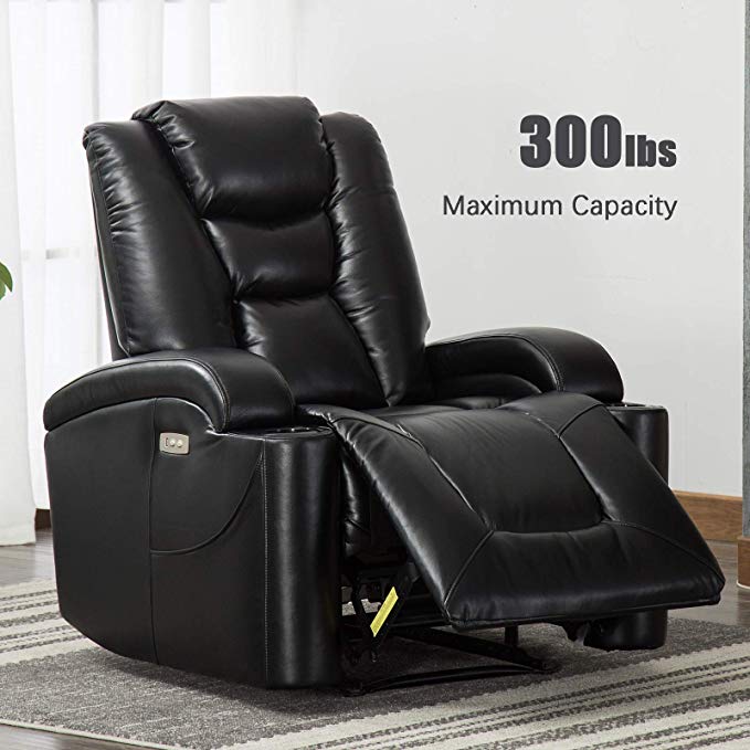 ANJ Electric Power Recliner Chair for Living Room, Breathable Bonded Leather, Classic and Traditional Single Sofa Seat, Home Theater Seating with Cup Holders and USB Port, Black