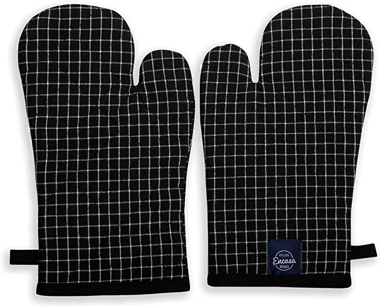 ENCASA Homes Long 12 inch Oven Microwave Hand Gloves Mitts (2 pc Set) for Kitchen Cooking & Baking - Heat Resistant, Thick & Safe, Protection of Hands from Hot Utensils - Butcher Checks Black