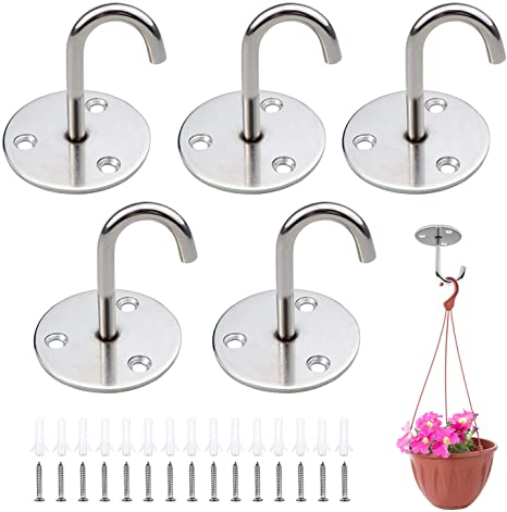 Homgaty 5 Pcs Wall Mount Ceiling Hooks Swag Hooks Stainless Steel Round Base Ceiling Hanger Heavy Duty Ceiling Plate Hook Ceiling Anchor Hooks with Screws for Hanging Plant Baskets