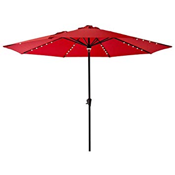 FLAME&SHADE 11' Solar Power Outdoor Patio Market Umbrella with LED Lights for Large Outside Garden Table Balcony or Deck, Red
