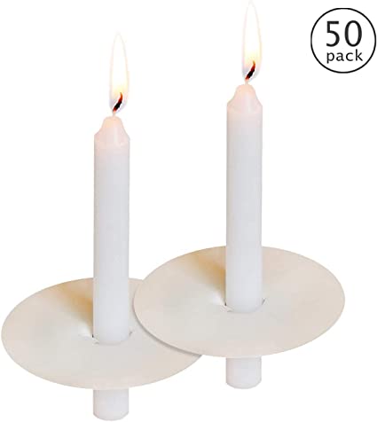 YUCH 50 Church Candles with Drip Protectors for Devotional Candlelight Vigil Service, Box of 50 Candles, Unscented White 5" H X 1/2" D, No Smoke