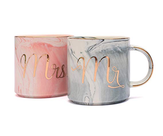 Tergi Mr and Mrs Coffee Mugs Set - Gift for Bridal Shower Engagement Wedding and Married Couples - Unique Wedding Gift for Bride and Groom - Ceramic Marble Cups 11.5 oz