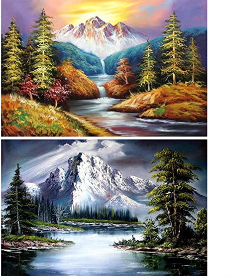 2 Pack 5D Full Drill Diamond Painting Kit, KISSBUTY DIY Scenery Diamond Rhinestone Painting Kits for Adults Beginner Diamond Arts Craft Home Decor, 15.8 X 11.8 Inch (Landscape Diamond Paintings)